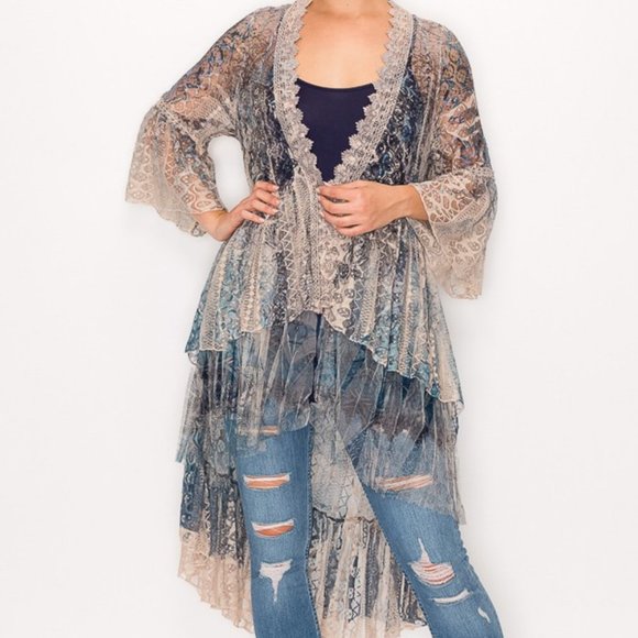 ORIGAMI Tops - new ORIGAMI DUSTER lace CARDIGAN KIMONO wrap SEXY stunning crochet lace SM-4X